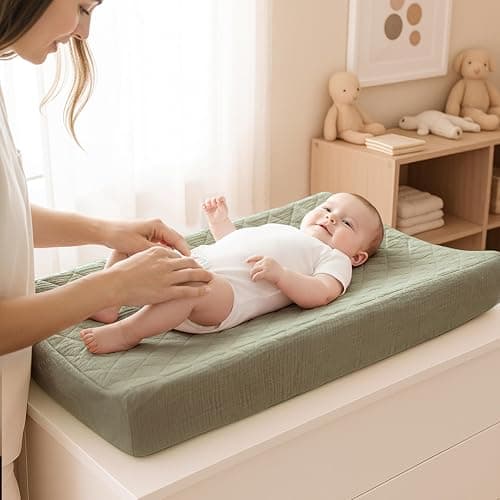 Konssy Waterproof Muslin Changing Pad Cover 2 Pack, Quilted Cotton Fitted Diaper Chang Table Cover, Soft Changing Pad Sheets for Girls Boys (Fog Green,Cream) thumbnail 2
