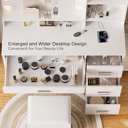 YESHOMY Vanity Desk with Mirror, Power Outlet and 10 Lights, Makeup Table with 4 Drawers, 3 Color Modes Available for Bedroom, Pure White, 39x15.75x59.41 inch thumbnail 7