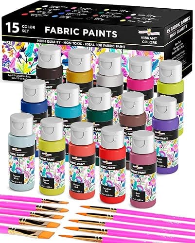 CHALKY CROWN Permanent Fabric Paint for Clothes, 15 Colors for Canvas, Textile, Fabric Paint Set - Child Safe Paint for Fabric with 10 Brushes & Storage Box (60ml each) - Image 1