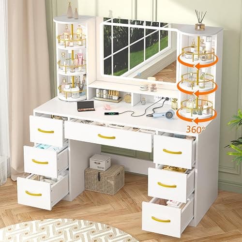 Vanity Desk with Mirror and Lights, White Makeup Vanity Table with 360° Rotating Shelves, Large Vanity Desk with 7 Drawers, Power Outlet, Dressing Table Set with Lighted Mirror Adjustable, for Bedroom - Image 1