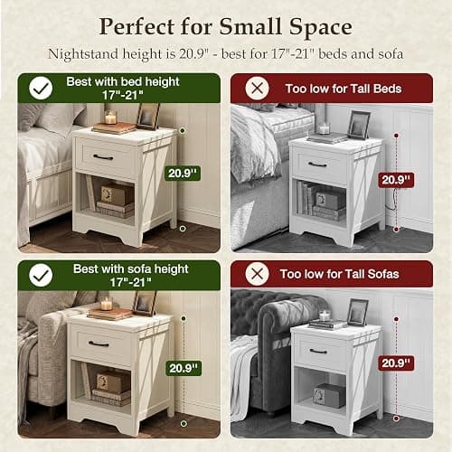 AODK Farmhouse Nightstand Set of 2, Drawer and Open Shelf, Rustic White | Compact Bedside Tables, Drawer Storage, Rustic White Finish for Bedrooms, Dorms, Apartments and Guest Rooms thumbnail 5