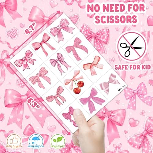 96 PCS Pink Bow Pre-Cut Temporary Tattoos for Girls - Coquette Aesthetic Party Favors, Goodie Bag Stuffers, Birthday Activities & School Prizes thumbnail 6