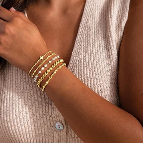 M MOOHAM Gold Beaded Bracelets Set for Women Teen Girls - Dainty 14K Gold Plated Beaded Pearl Cross Bracelet Stack for Women Trendy Non Tarnish Adjustable Stretch Jewelry Gifts thumbnail 3