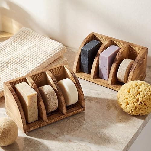 Shampoo Bar Holder Multi Bar Soap Dish, Wooden, 6.3 x 3.3 x 3.1 Inch | 3 Slots,Self Draining Soap Holders Rack for Shower Conditioner Bathroom Organizer, Natural Wood Tray, Prevents Bar Softening thumbnail 2