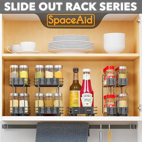 SpaceAid Pull Out Spice Rack Organizer for Cabinet, Heavy Duty Slide Out Seasoning Kitchen Organizer, Cabinet Organizer, with Labels, 5.2" W x10.75 D x10 H, 2 Drawers 2-Tier thumbnail 4