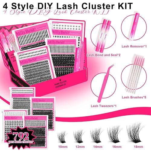 MilyBest 792pcs 4 Styles Lash Clusters Kit with Spikes and Bottom Lashes | Wispy volume bulk individual eyelash extensions with 2 bond and seal glue for DIY mix-and-match lash maps, manga makeup thumbnail 2