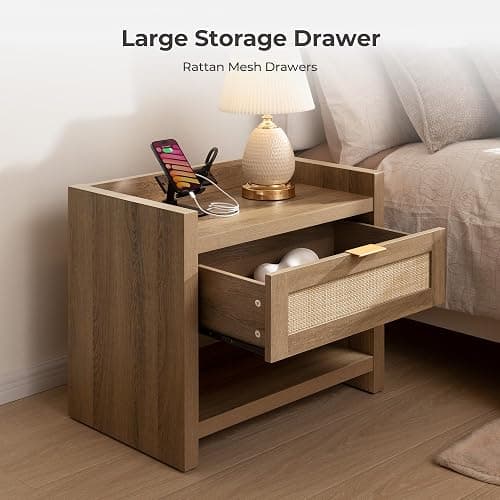 SICOTAS Night Stand Set of 2 Nightstands - Rattan Bed Side Table with Drawer Storage,Type-C Charging Station End Table - Boho Bedside Night Stands for Bedroom - Natural Oak thumbnail 3
