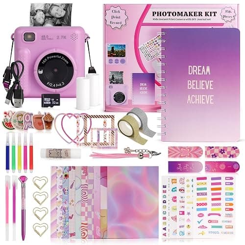 FINcredible Photomaker Kit - Instant Print Camera for Kids Plus DIY Journal Kit for Girls - 150 Pcs Tween Journal & Camera for Girls - 6 7 8 9 10 11 12 13 14 Year Old Girl (Lilac) - Image 1