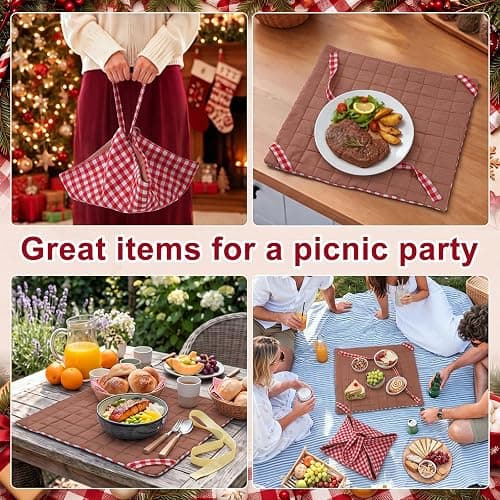 Eccliy 2 Pcs Quilted Pie Carrier Tote Reversible Red White Gingham Reusable | Washable Casserole Cake Carrier Bag Square 17.7" x 17.7" with Adjustable Lifting Straps for Thanksgiving Day Christmas Baking thumbnail 5