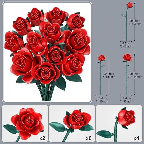 Kit de Construction Bouquet de Fleurs, 634 Pcs 12 Roses Rouges Décoratives pour Bureau ou Maison, Cadeaux pour Noël Enfants, Saint-Valentin pour Homme ou Femme, Adultes, Fête des Mères thumbnail 5