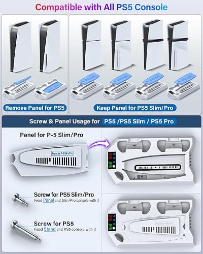 PS5/PS5 Slim/PS5 Pro Stand and Cooling Station with Dual Controller Charging Station for PlayStation 5 Console, PS5 Accessories Incl. Controller Charger, Cooling Fan, Headset Holder, 3 USB Hub, White thumbnail 2