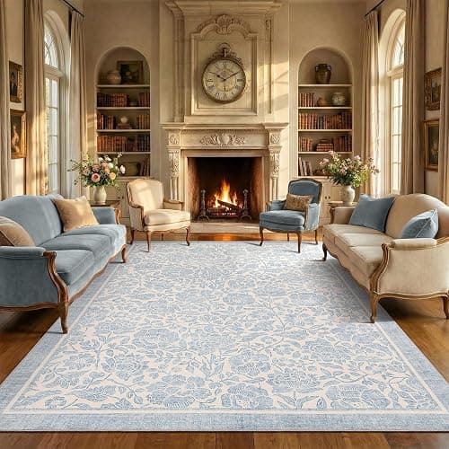 Garvee Blue Floral 8x10 Area Rug for Living Room Washable Boho Dorm Rug | for Bedroom Vintage Flower Soft Girls Room Rug Non-Slip Nursery Rug for College Playroom Dining Room Dorm Baby room - Image 1