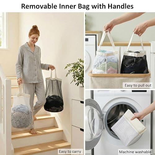efluky Laundry Hamper with Lid, Double Laundry Basket with 2 Removable Bags, 2 Section Laundry Bin with Bamboo Handles for Bathroom, Bedroom & Laundry Room, 140L (36.9 Gallon) Beige thumbnail 6
