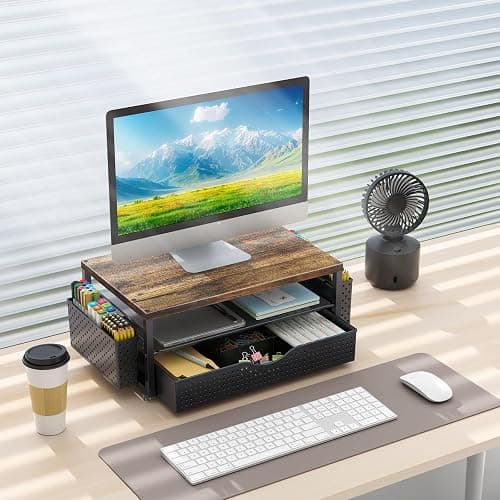 gianotter Wood Monitor Stand Riser, Office Desk Shelf Organizer, Desk Organizer with Drawer and Pen Holder, 2-Tier Computer Stand, Office Organization (Wood) thumbnail 2