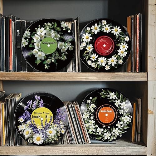 twinklemon 4 Pcs Flower & Grass Theme Vinyl Record Wall Decor, Self Adhesive Fake Music Records Album Posters, Botanical Style Music Wall Art Sticker for Grunge Room Bedroom Decorations thumbnail 5