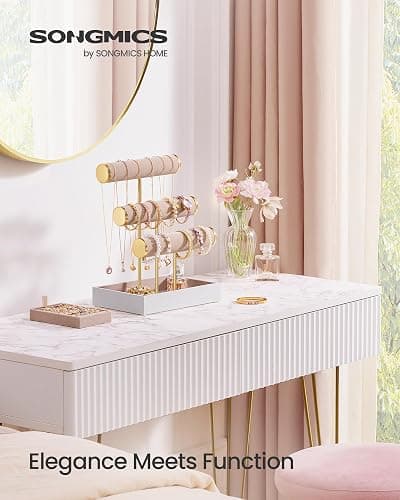 SONGMICS Bracelet Holder Stand, Jewelry Display Stand, Jewelry Organizer, with 3 Tiers and Velvet Tray, Removable Ring Holder, Cloud White and Camel Brown UJJS027A01 thumbnail 4