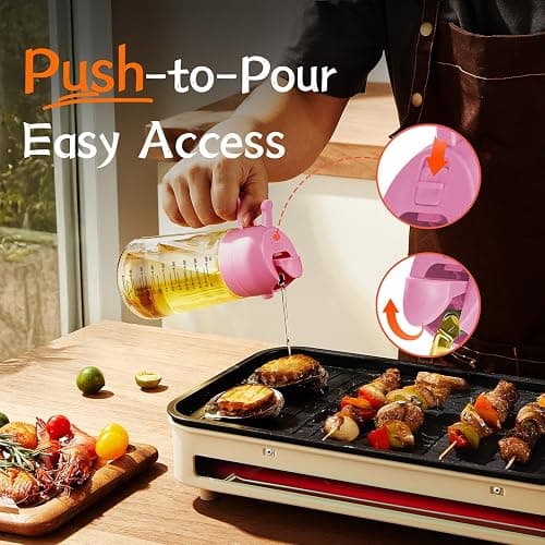 TrendPlain 16oz/470ml Glass Olive Oil Sprayer for Cooking - 2 in 1 Olive Oil Dispenser for Kitchen Gadgets, Air Fryer, Salad, and BBQ - Bubblegum thumbnail 6