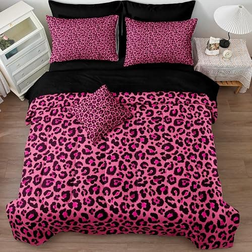 Leopard Print Comforter Queen Black and Pink Bedding Sets 8 Pcs Hot Pink Cheetah Animal Print Texture Wild Leopard Bed in A Bag with Comforter and Sheet Set thumbnail 3