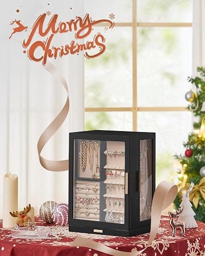 Glimmloop 360° Rotating Jewelry Box with 7 Drawers, Spacious Vertical Jewelry Organizer with Glass Window, Jewelry Storage Case, Dustproof & Moisture-resistant Design, Black thumbnail 2