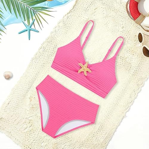 Luckrizyy Girls Swimsuit 2 Piece Bikini Sets V Neck High Waisted Textured Ruched Solid Chest Padded Beach Bathing Suits 7-16Y thumbnail 5