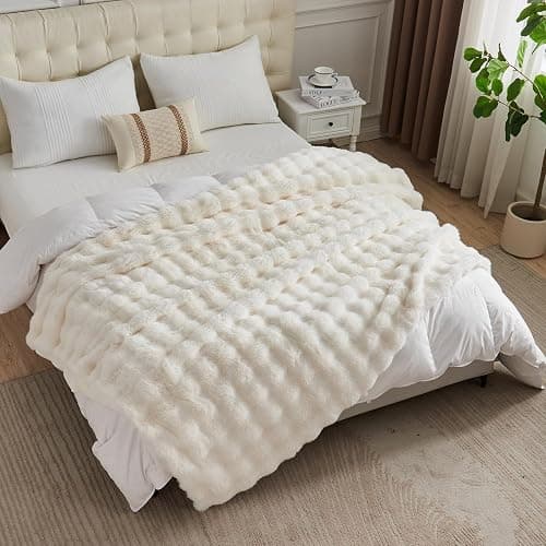 Wajade Luxury Fluffy Rabbit Fur Throw Blanket Super Soft Bubble Faux Fur Blanket Warm Fuzzy Large Blanket for Bed Couch Car Cozy,White 127x153CM thumbnail 7
