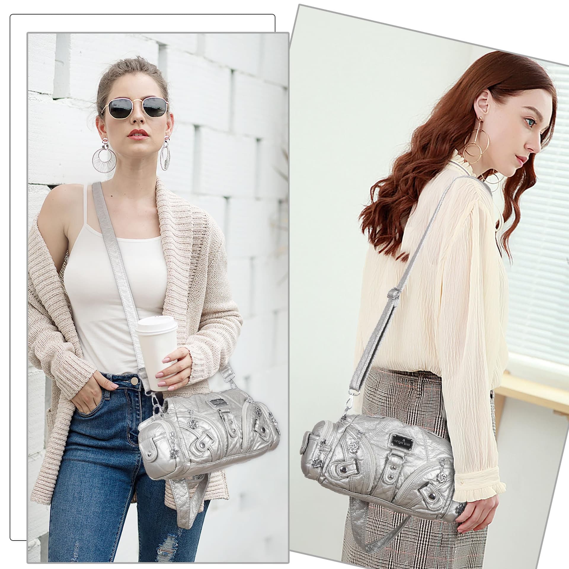 Angel Kiss - Bolsos de hombro pequeños para mujer, bolso de mano de piel vaga, varios bolsillos con cierre - plateado thumbnail 7