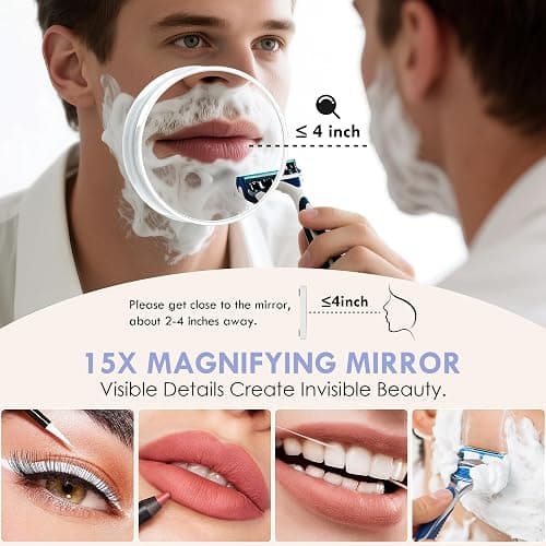 LuxeVue Makeup Mirror with Lights – HD Vanity Mirror with 3 Color Modes, Touch Sensor, 360° Rotatable Metal Frame, Detachable 3.5" 15X Magnifying Mirror, 14.1", White – Gift-Ready for Her or Bedroom thumbnail 5
