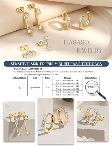 FIASASO 3 Pairs 925 Sterling Silver Hypoallergenic Earrings for Women Trendy - 14K Gold Plated Stud Hoop Cartilage Earrings Set Small Earring Stacks for Sensitive Ears Non Tarnish Dainty Silver Earring thumbnail 3