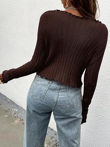 Floerns Women's Cute Early Fall Fashion Tie Front Ruffle V Neck Long Sleeve Crop Cable Knit Cardigan Sweaters 2025 Trendy thumbnail 3