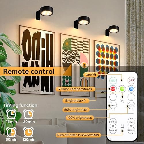 KELUOLY 4-Pack Picture Light Battery Operated with Remote, Led Lights Dimmable and Timer Painting Light, Art Display Light for Picture Frame Artworking Portrait, Home Wall Decor Puck Lights, Black thumbnail 2