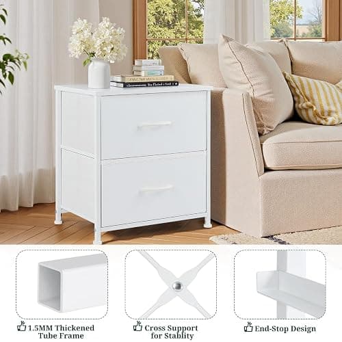 Nightstand, Small 2 Drawer Dresser End Table Bedside Furniture, Wooden Top Fabric Bins for Bedroom, Closet, Entryway, Dorm, 11.8" D x 18" W x 20", White thumbnail 4