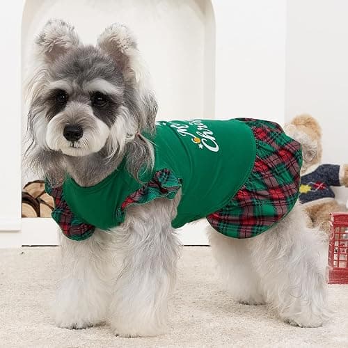 XPUDAC 4 Pack Christmas Dog Dress Plaid Puppy Clothes for Small Dogs Girl Cute Pet Outfit Doggy Apparel Cat Holiday Party Costume, Red, Green, M thumbnail 2