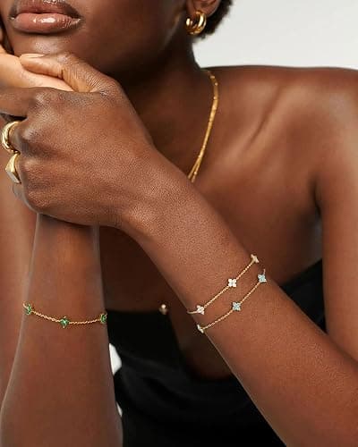 SOLEVAN Clover Birthstone Gold Bracelets for Women Trendy Non Tarnish | Dainty 14K Gold Plated Stackable Cute Charm Friendship Bracelet Stack Wedding Prom Gold Jewelry Birthday Gift for Best Friend thumbnail 8