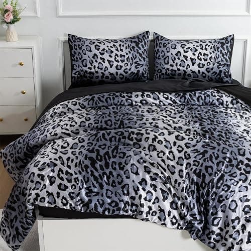 A Nice Night Leopard Printed，Silver Grey Satin Silky Soft Quilt Sexy Luxury Super Soft Microfiber Comforter Quilt Bedding 5PCS Comforter Set, Light Weighted (Silver, Queen(88-by-88-inches)) - Image 1