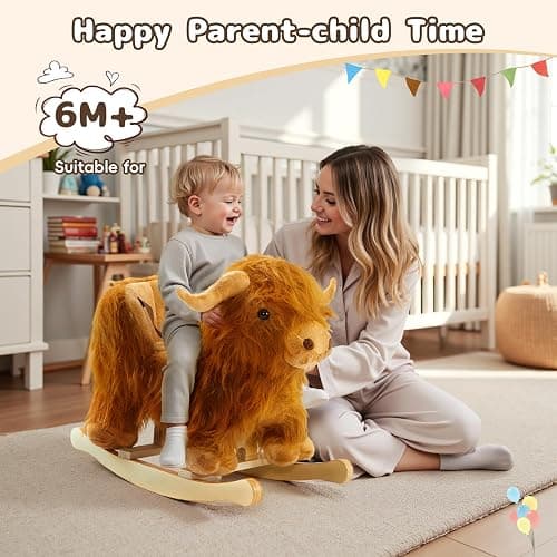 Baby Rocking Horse,Highlander Cattle Wooden Rocking Horse for Toddlers 1 Year Old Cute Cow Stuffed Plush Ride-on Toy Rocking Animal for Baby Boys and Girls Nursery/Child Christmas or Birthday Gift thumbnail 7