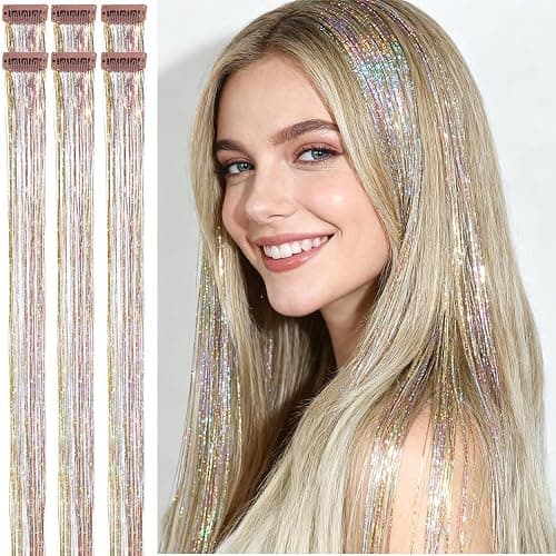 CelineBella Galaxy Hair Tinsel Clip In,Glitter Hair Strands for Girls Kids New Year Christmas Party Cosplay Festivals Gift (24 Inch Pack of 6Pcs, Galaxy) - Image 1