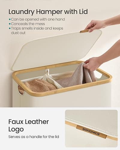 SONGMICS Laundry Hamper with Lid, 2-Section Large Laundry Basket, 34.3-gallon (130L), Removable Mesh Liner, Bamboo Handles, Collapsible, 20.5 x 15.2 x 27.8 Inches, Cream White ULCB513W01 thumbnail 5