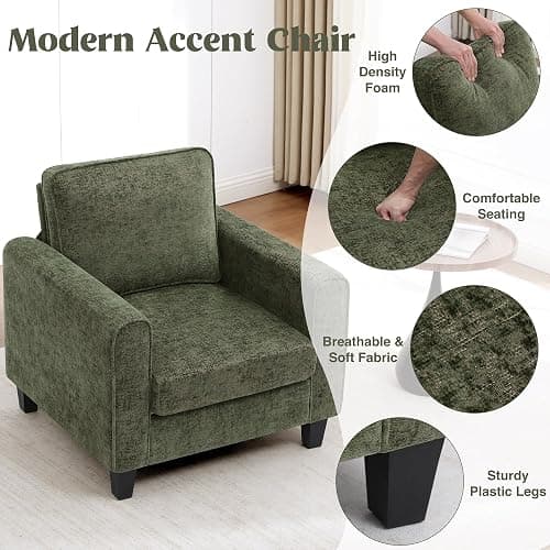 choairy Accent Chairs Set of 2 for Living Room, Mid Century Modern Upholstered Living Room Chair, Chenille Reading Armchair for Apartment, Waiting Room, Office, Green thumbnail 5