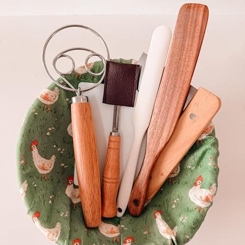 Chicken 10 Piece Sourdough Kit | Vintage Jar | Bannetons Proofing | Custom Cute Jar and Cover | Dough Whisk | Wood Dough Scraper Cutter | Bread Lame | Silicone Spatula thumbnail 7