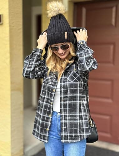 Zeagoo Womens Plaid Shacket Jacket Long Sleeve Fleece Hooded Jackets Fall Winter Warm Coat S-2XL thumbnail 3