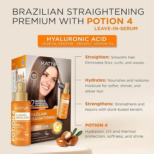 Kativa Brazilian Keratin Straightening Treatment with Hyaluronic Acid and Premium Serum – 12 Weeks Formaldehyde-Free Smoothing Treatment. All Hair Types. thumbnail 2