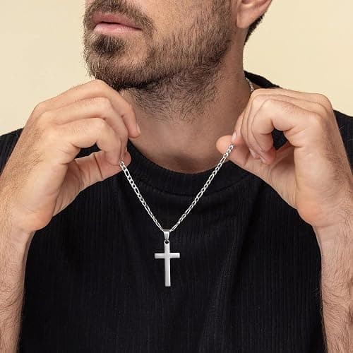LUXEJEW Cross Necklace for Men - Silver/Gold/Black Stainless Steel Cross Pendant Necklace Figaro Link Chain 16-24 Inches thumbnail 3