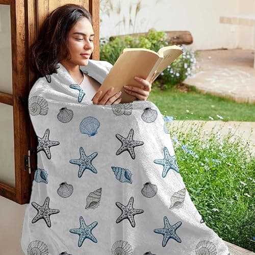 Ydbkt Coastal Ocean Beach Throw Blanket, Starfish Seashells Summer Fleece Blue Grey on White Blanket, Ocean Theme Lightweight Soft Cozy for Sofa Couch Bed Room Decor 50"x60" thumbnail 4