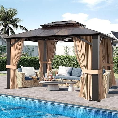 SOLUMIA 10x12 Hardtop Gazebo with Curtains & Netting, Double Roof Polycarbonate Canopy, Heavy-Duty Aluminum Frame Pergola for Patio, Garden, Deck – All-Weather UV & Rust Resistant - Image 1