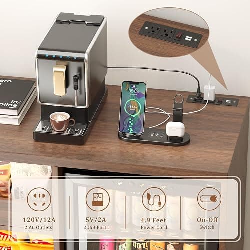 Snack Bar Cabinet with Mini Fridge Space, Mini Fridge Cabinet with Storage, Coffee Bar Cabinet with Drawer, Power Outlets, Snack Organizer with LED Lights for Home, Movie Room, Game Room (Walnut) thumbnail 3