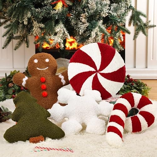 Memorywuu 5 Pcs Christmas Throw Pillows Xmas Tree Gingerbread Man Snowflake Pillow Stripe Candy Cane Peppermint Shape Cushion Stuffed Christmas Decoration for Home Sofa Bed Couch Party (Classic Color) thumbnail 5
