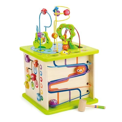 Hape Country Critters Play Cube| Wooden Learning Puzzle Toy for Toddlers, 5-Sided Activity Centre with Animal Friends, Shapes, Mazes, Wooden Balls, Shape Sorter Blocks and More - Image 1