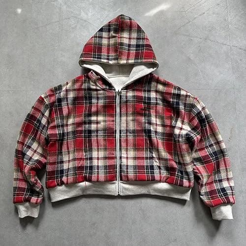 Lunoakvo Mens Oversized Reversible Hoodies Women Plaid Preppy Hoodie Streetwear Vintage Zipper Hooded Sweatshirt thumbnail 4