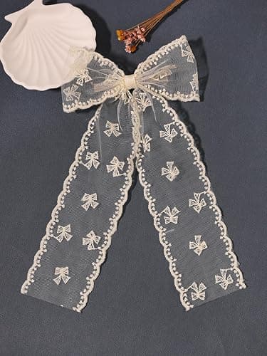 LFOUVRE Beige Lace Hair Bows with Embroidered Flowers - Bowknots, Barrettes, and Hair Clips with Long Tails for Women (3pcs) thumbnail 8