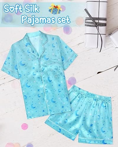 Sylfairy Girls Pajamas Silk PJS Set Pink Bow Satin Sleepwear Short Sleeve Jammies for Kids Button-Down Nightwear size 7-14 thumbnail 5